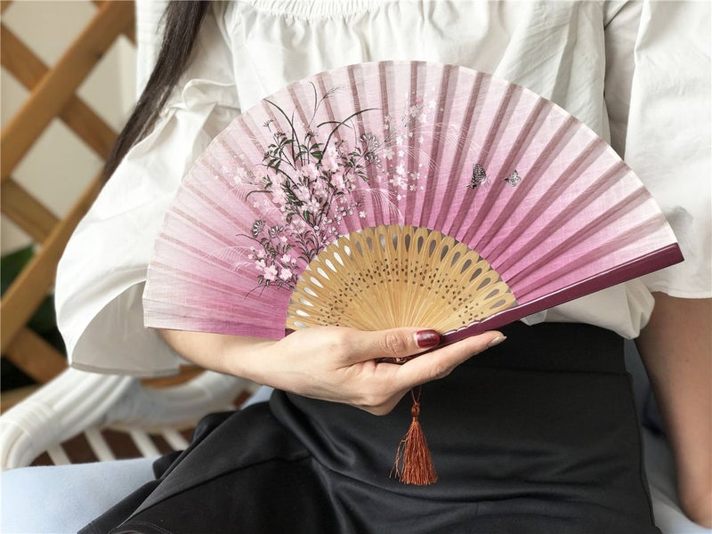 OMyTeaÂ® "Grassflowers 8.27"(21cm) Hand Held Folding Fans - With a Fabric Sleeve for Protection for Gifts - Chinese/Japanese Vintage Retro Style (Red) - Image 4